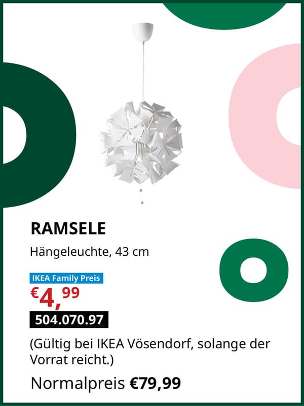 RAMSELE Hängeleuchte 43cm statt € 79,99 zum IKEA Family Preis von € 4,99 