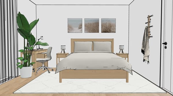Randare 3D de dormitor amenajat IKEA, cu pat din lemn și lenjerie în nuanțe neutre, noptiere cu lămpi, birou cu scaun și plantă mare verde în colț, plus suport pentru haine pe perete, într-un spațiu calm și aerisit.