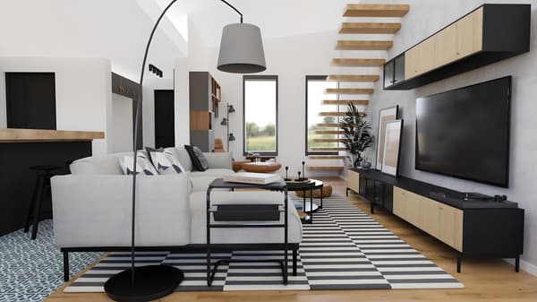 Randare 3D de living modern IKEA, cu canapea gri, lampa arc, covor în dungi alb-negru, mobilier TV în lemn și negru și scară deschisă, într-un spațiu luminos, ideal pentru relaxare și seri de film.
