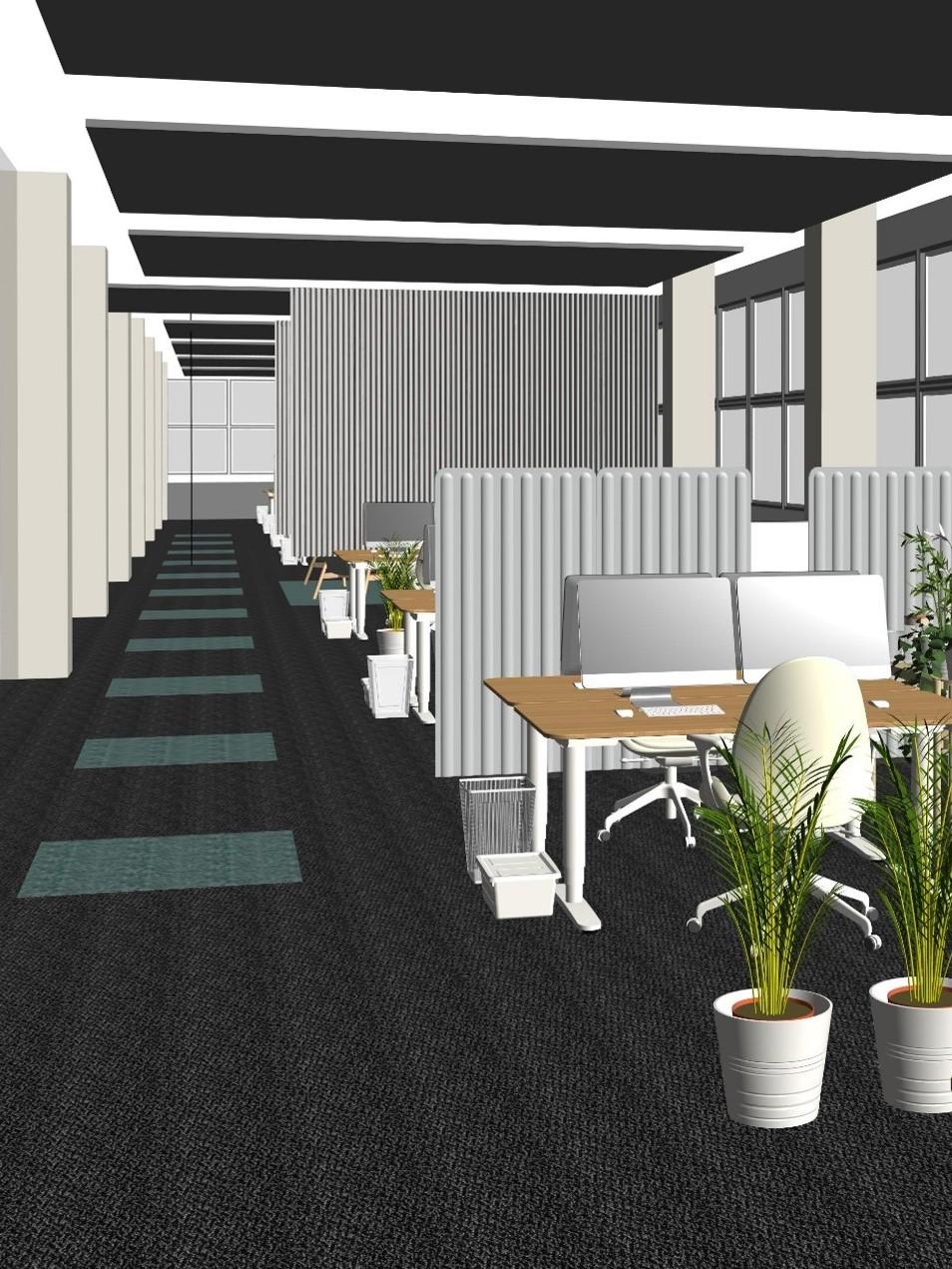 Rappresentazione in 3D di un ufficio open space con varie file di scrivanie, separate tra loro da piante e pannelli fonoassorbenti. 