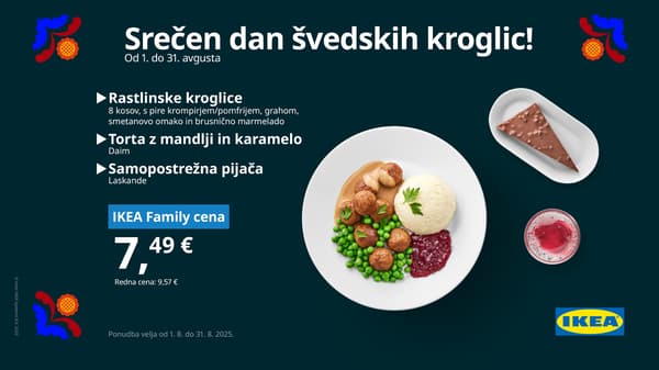 Rastlinske kroglice s pire krompirjem/pomfrijem, grahom, smetanovo omako in brusnično marmelado, torta z mandlji in karamelo ter samopostrežna pijača Laskande