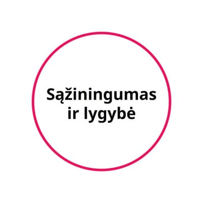 Raudonos spalvos apskritimas su tekstu „Sąžiningumas ir lygybė“.