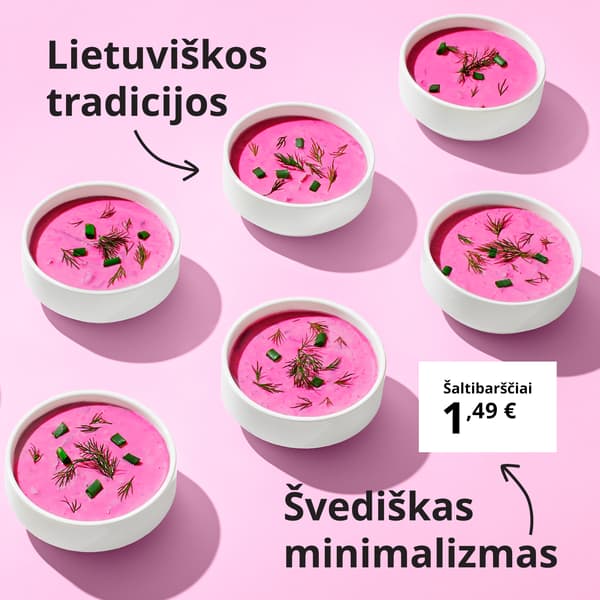 Rausvame fone šachmatais išdėlioti balti dubenėliai su šaltibarščiais. Ant balto fono užrašyta vienos porcijos kaina – 1,49 €. Tekstas su rodykle į kainą skelbia: „Švediškas minimalizmas“. Tekstas su rodykle į šaltibarščius skelbia: „Lietuviškos tradicijos“.