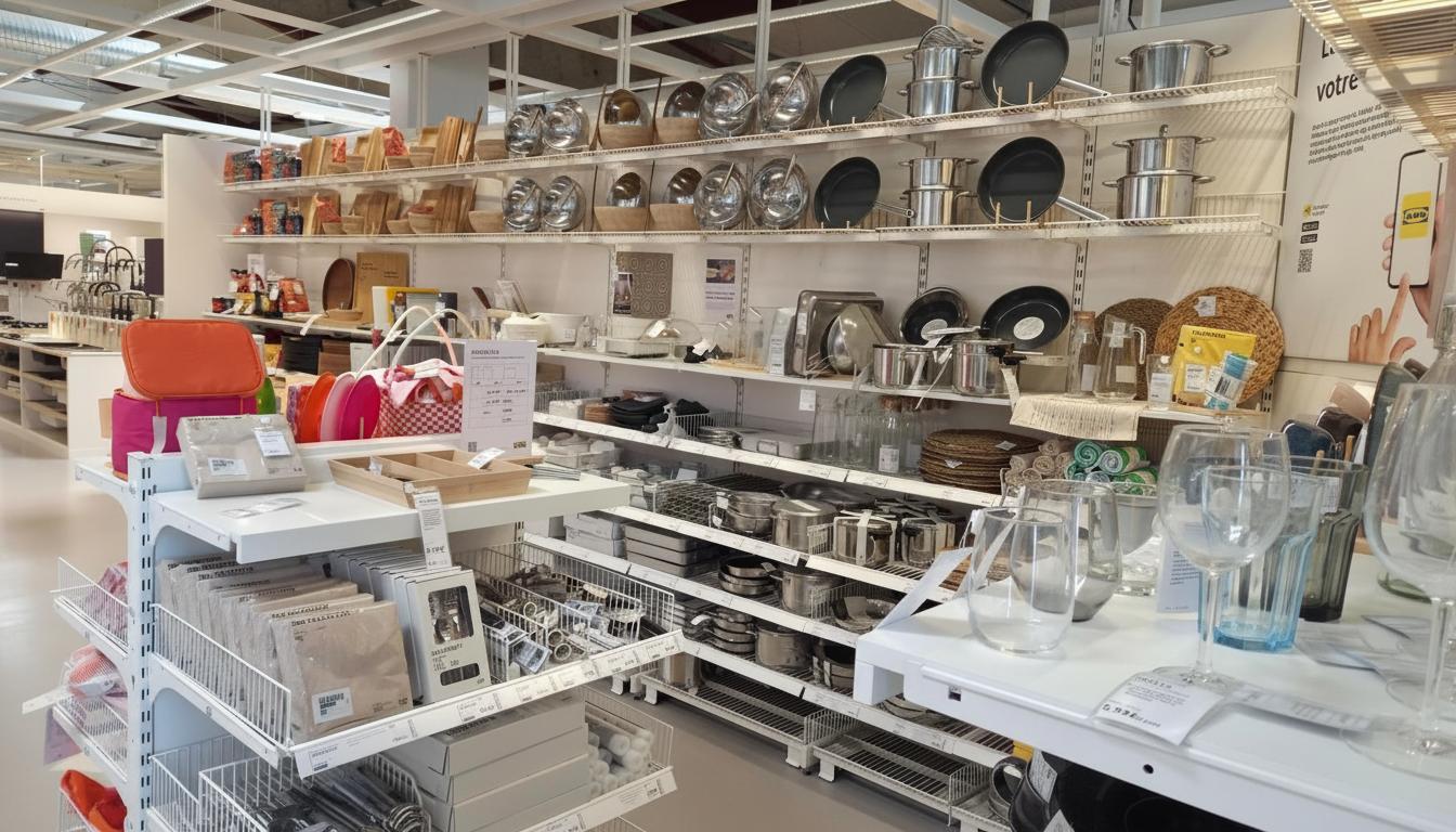 Rayons d'accessoires de cuisine et de vaisselle variés chez IKEA La Rochelle, incluant casseroles, poêles, verres, pichets et articles de décoration, mettant en avant la disponibilité immédiate de nombreuses références pour équiper la maison.