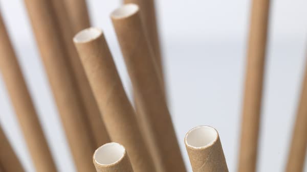 Recycled paper straws in brown and white.