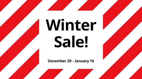 Red and white striped image with words 'Winter Sale! December 20 - January 16' in the middle