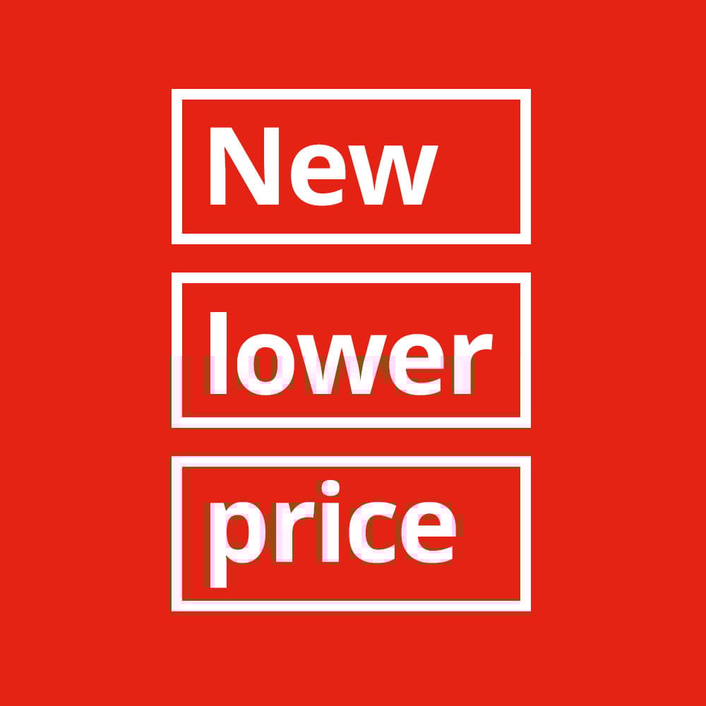 Red background with "New lower price" in white text.