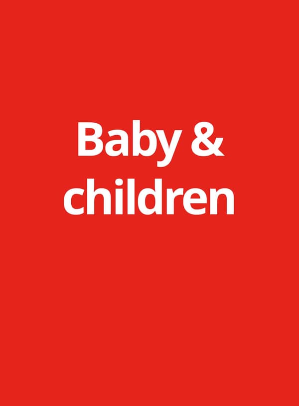 Red background with white text reads "Baby & children"