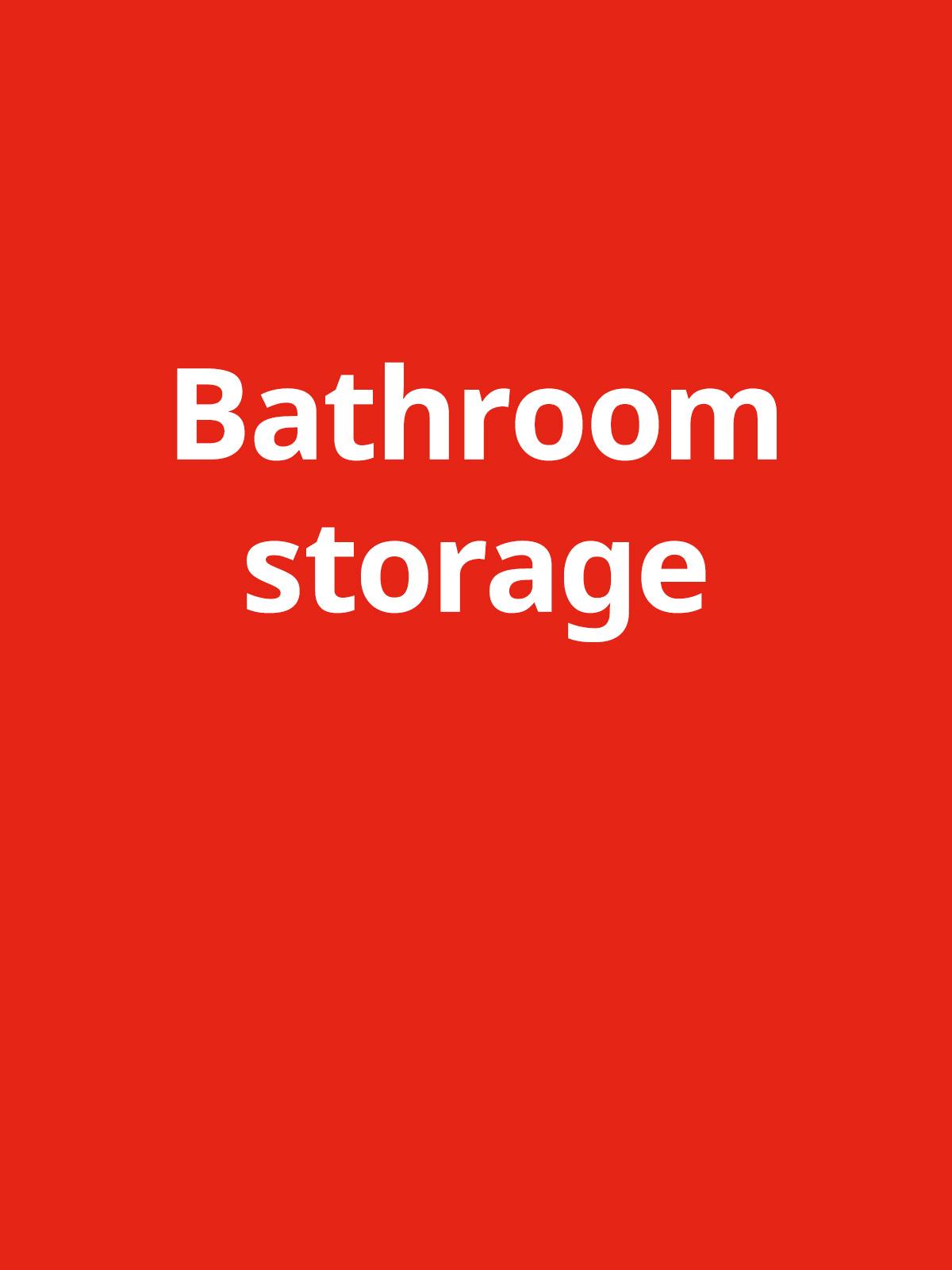 Red background with white text reads "Bathroom storage"