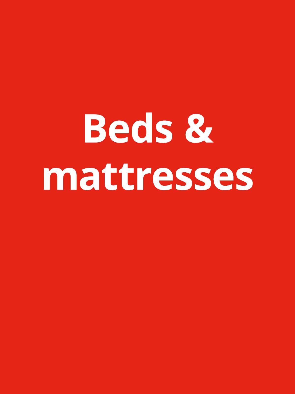 Red background with white text reads "Beds & mattresses"