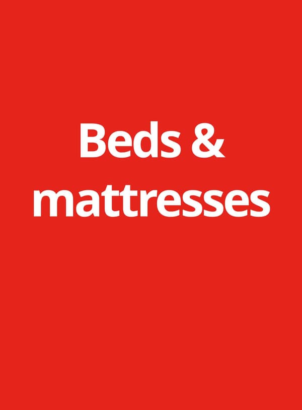 Red background with white text reads "Beds & mattresses"
