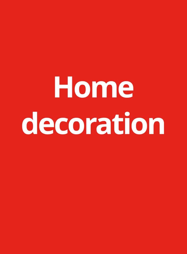 Red background with white text reads "Home decoration"