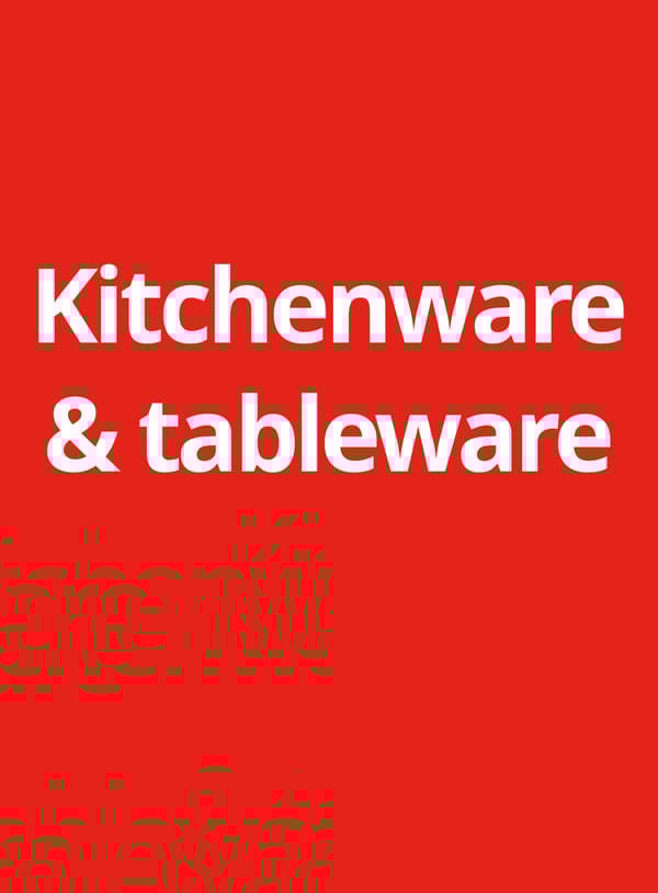 Red background with white text reads "Kitchenware & tableware"