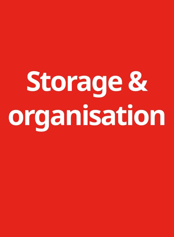 Red background with white text reads "Storage & organisation"