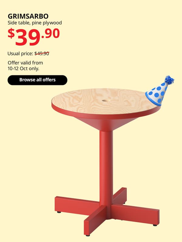 Red GRIMSARBO side table. Usual price with slash: $49.90. 10.10 offer price: $39.90. IKEA Alexandra birthday sale, 10.10 sale