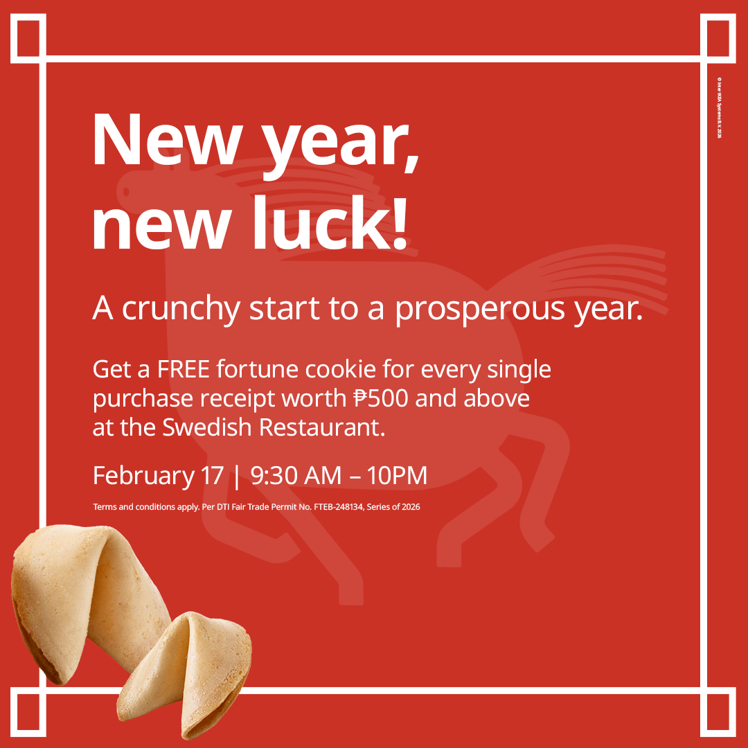 Red promotional poster featuring text "New year, new luck!" with a horse outline in the background. Fortune cookies are displayed at the bottom.