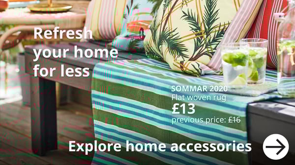 Refresh your home for less. a bench furnished with colourful SOMMAR cushions and rug.