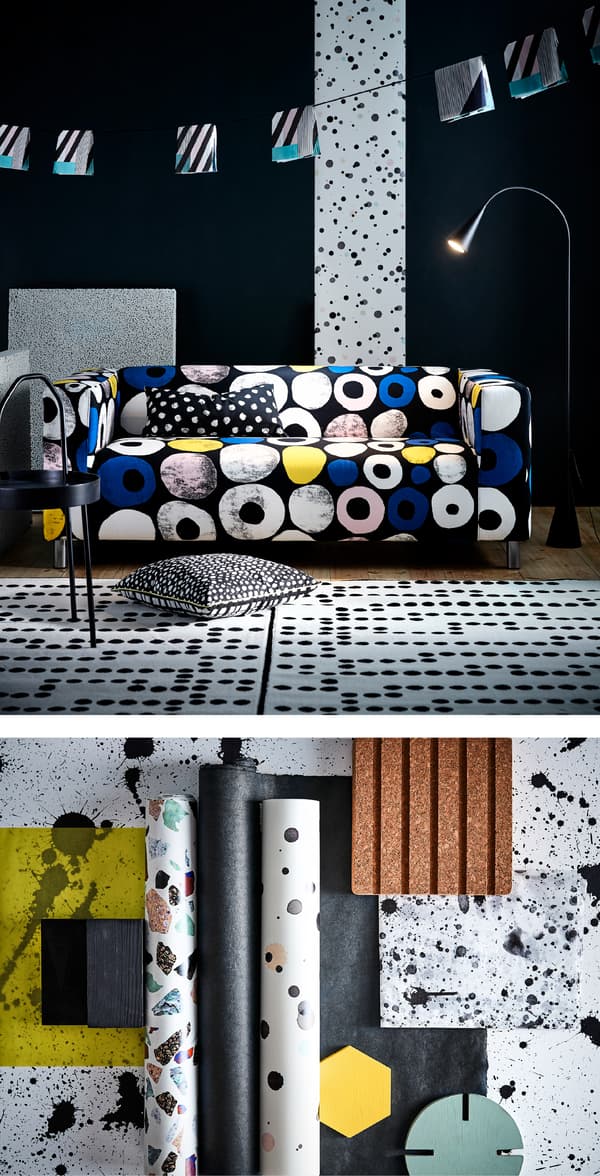 Refresh your living room with prints for spring. Add a mix of modern furniture and playful dots, such as the new multi-coloured cover for our two seat sofa KLIPPAN in black, blue, white, yellow and pink.