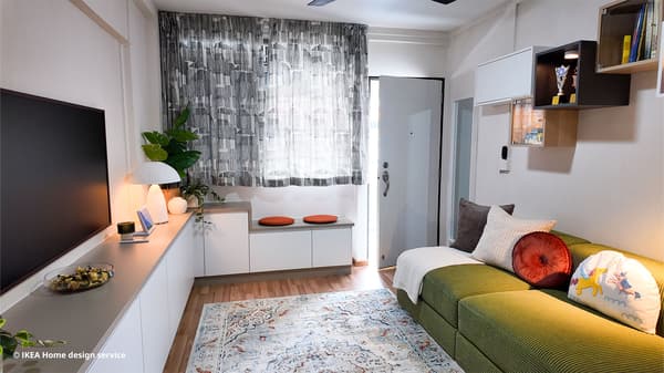 Refreshed living room in a 3-room HDB flat for a family of four in Singapore, designed by IKEA Home design service