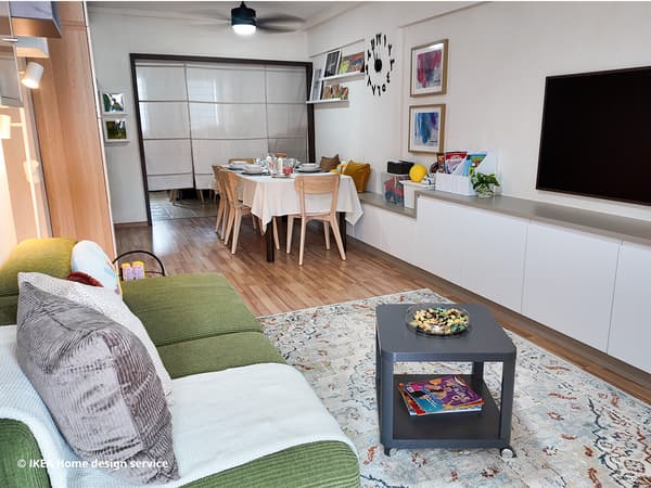 Refreshed living room in a 3-room HDB flat for a family of four in Bishan, Singapore, designed by IKEA Home design service