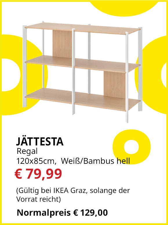 Regal Jättesta, 120x85cm, weiß/ Bambus hell, statt € 129 um € 79,99.
