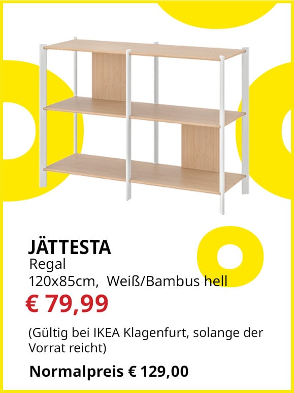 Regal Jättesta, 120x85cm, weiß/ Bambus hell, statt € 129 um € 79,99.