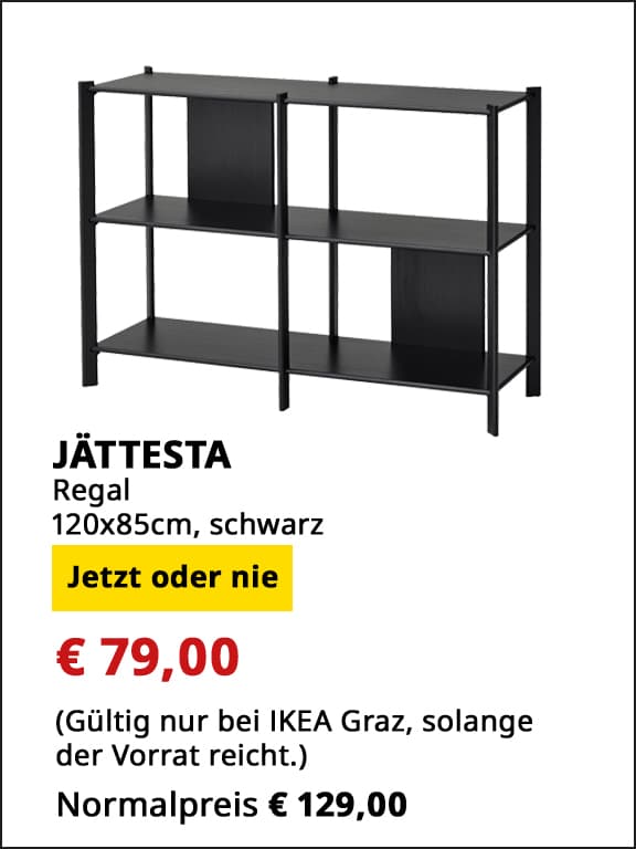 Regal Jättesta, schwarz, 120x85 cm, statt € 129 um € 79,00.