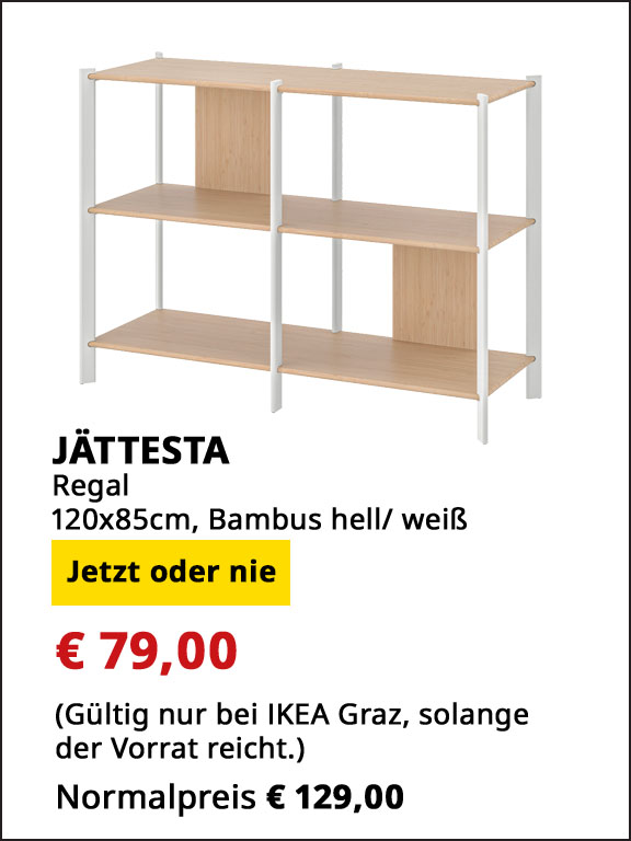 Regal Jättesta, weiß, Bambus hell, 120x85 cm, statt € 129 um € 79,00.