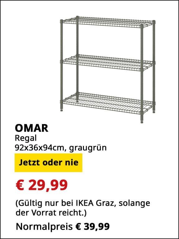 Regal Omar, 92x36x94cm, graugrün, statt € 39,99 um € 29,99.
