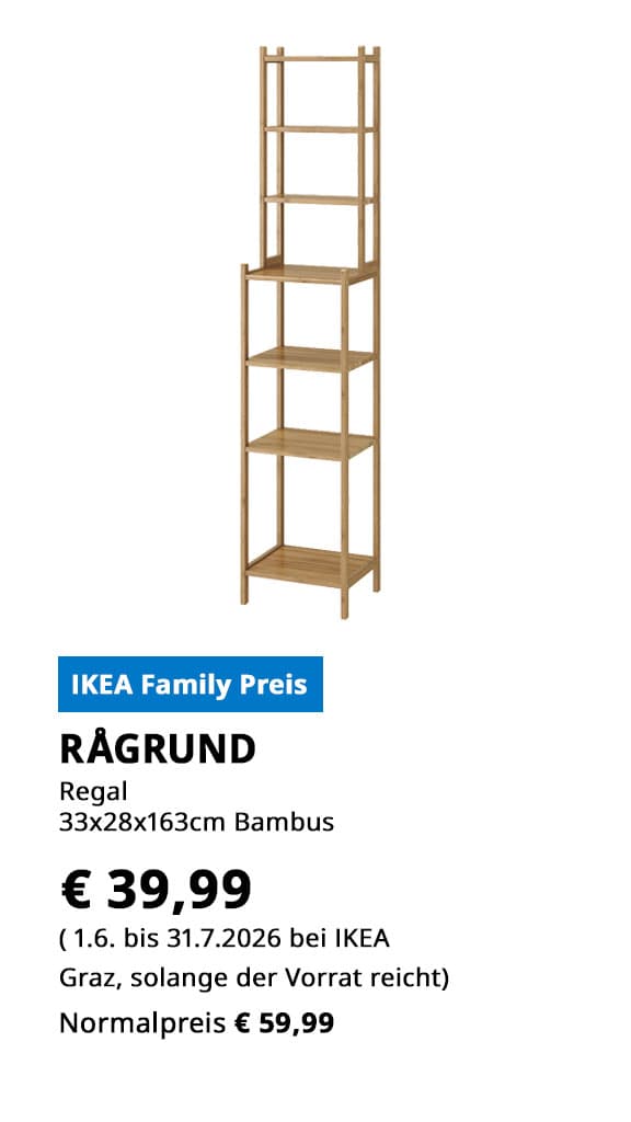 Regal Rågrund, 33x28x163cm, Bambus, statt € 59,99 zum IKEA Family Preis von € 39,99.