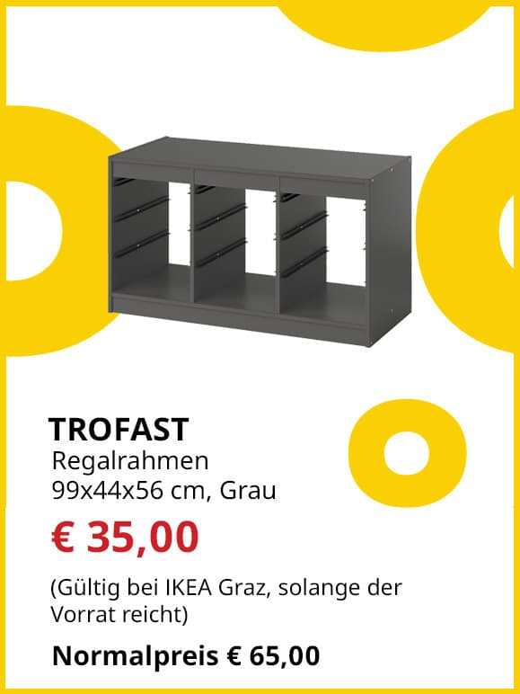 Regalrahmen Trofast, 99x44x56cm, grau, statt € 65 um € 35.