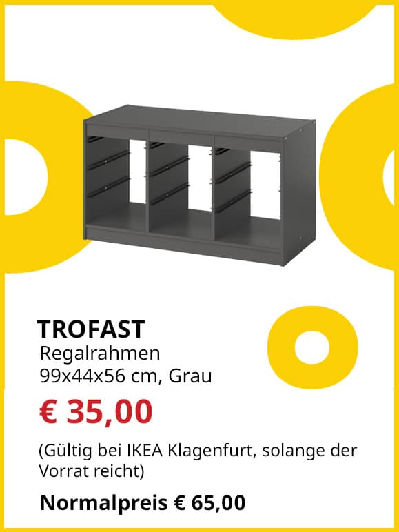 Regalrahmen Trofast, 99x44x56cm, grau, statt € 65 um € 35.