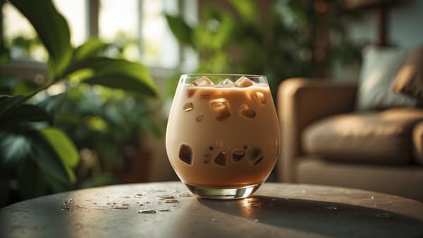 Relaxing with an iced coffee in a coffee shop with lots of fresh greenery