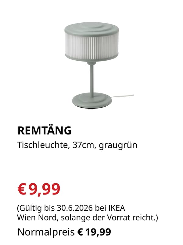 REMTÄNG
Tischleuchte, 37 cm, graugrün

€9,99 statt €19,99