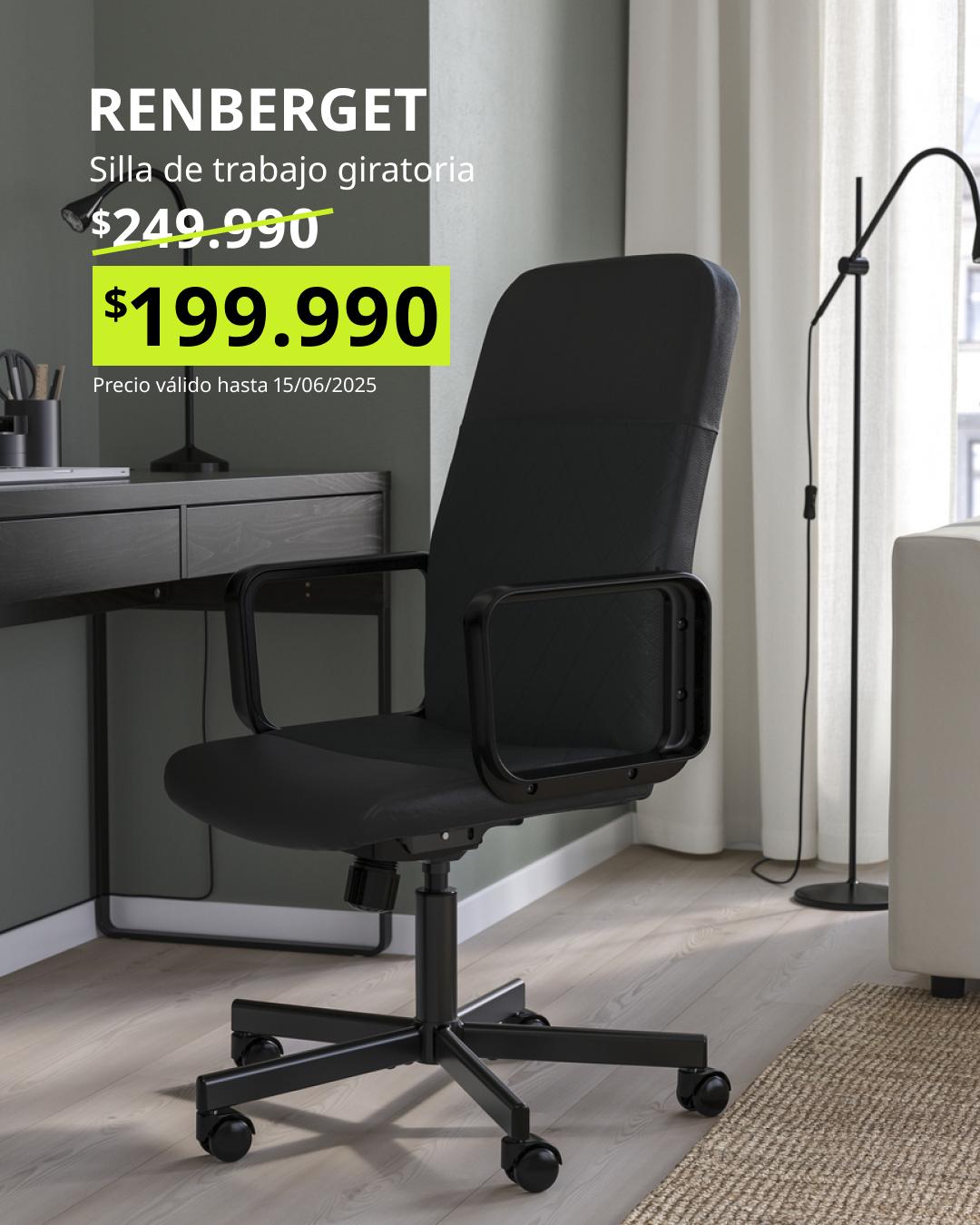 RENBERGET silla giratoria en negro con acabado tipo cuero, diseño cómodo con ruedas para escritorio