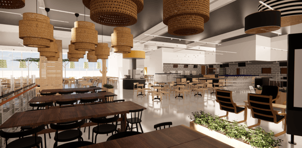 Render o imagen virtual del interior del futuro Restaurante IKEA en Mallplaza Oeste, en Santiago