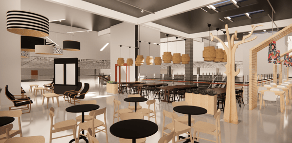 Render o imagen virtual del interior del futuro Restaurante IKEA en Mallplaza Oeste, en Santiago