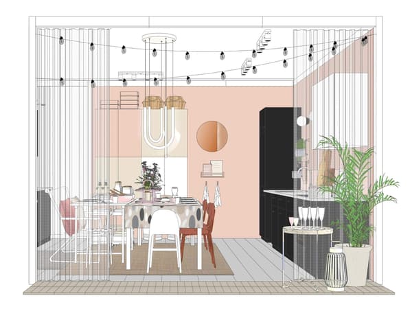 Rendering of a light pink dining room display with string lights above and black kitchen cabinets to the side.