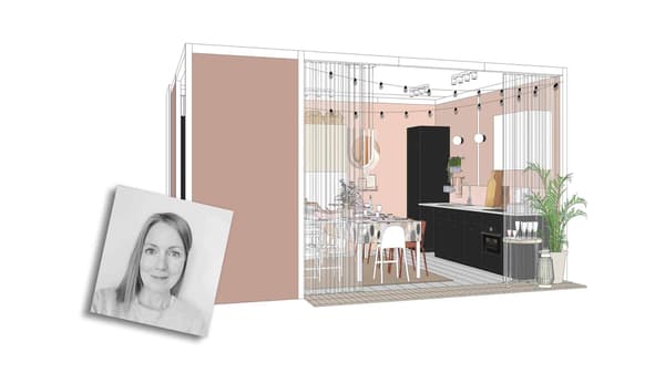 Rendering of a light pink dining room display with string lights above and black kitchen cabinets. Black and white image of Minna, the designer, is beside.