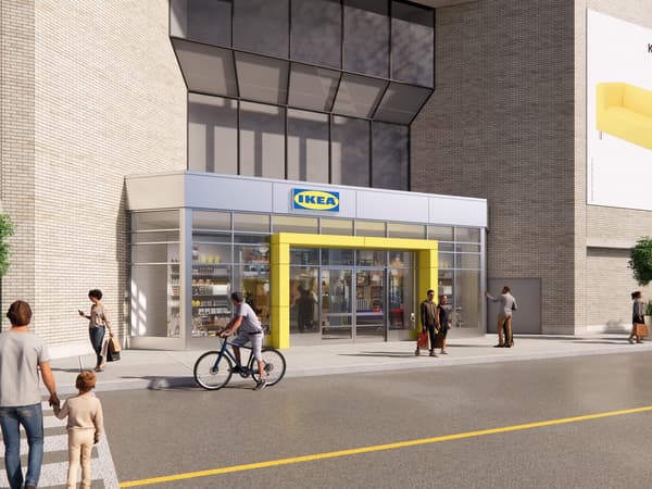 Rendering of IKEA small store format at Scarborough Town Centre, exterior main entrance.
