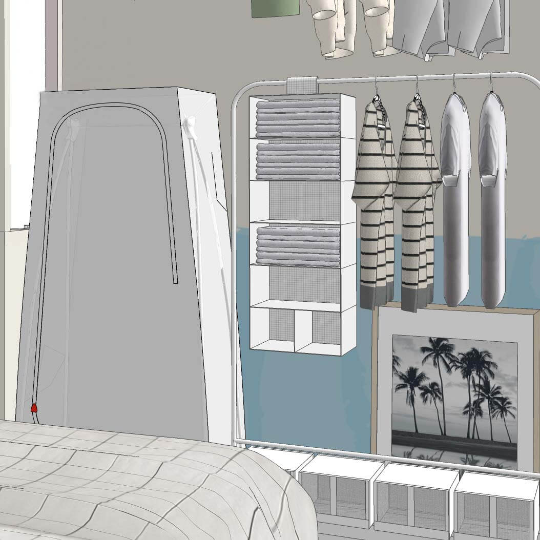 Rendering of white VUKU wardrobe with hanging SKUBB organizer and clothing beside.