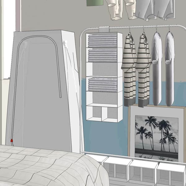 Rendering of white VUKU wardrobe with hanging SKUBB organizer and clothing beside.