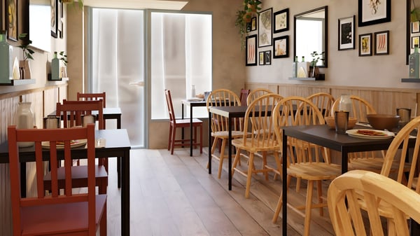 Restaurante acolledor con acabados en madeira