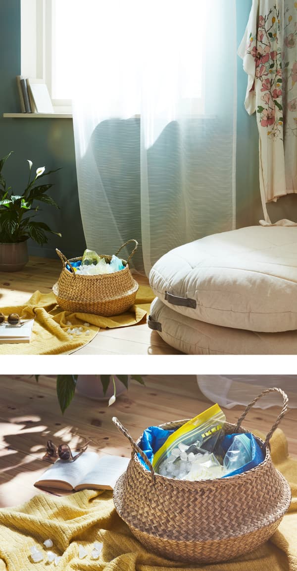 Restez cool en prenant un bain de pieds glacé ! Installez-vous sur un pouf confortable comme IKEA DIHULT, dans une teinte naturelle apaisante