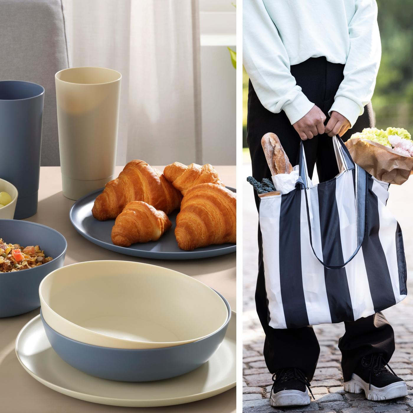 Reusable IKEA tableware and striped tote bag filled with bread and fresh produce, showing sustainable kitchen and dining essentials for everyday life.