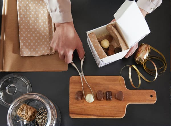 Reused cardboard box for storing chocolates