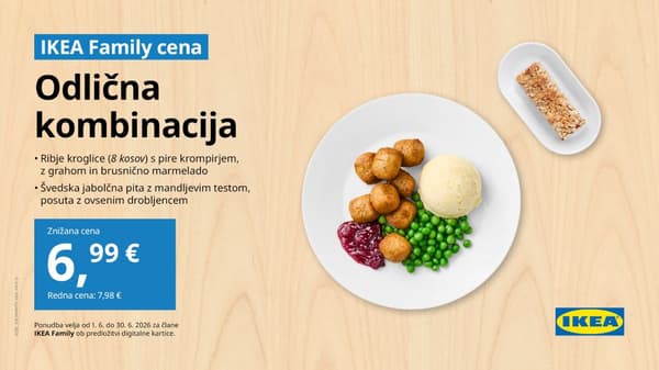Ribje kroglice (8 kosov) s pire krompirjem, grahom in marmelado ter švedska pita