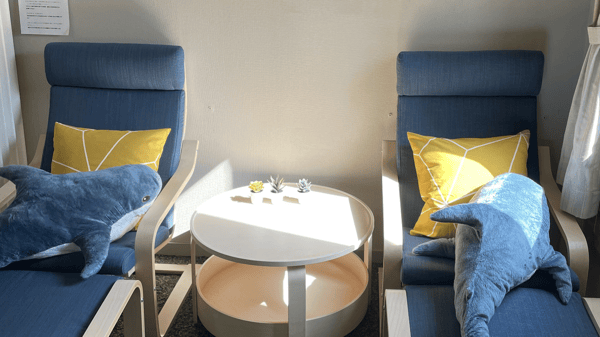 リクライニングチェアが2脚並び、クッションやぬいぐるみが配置されている。