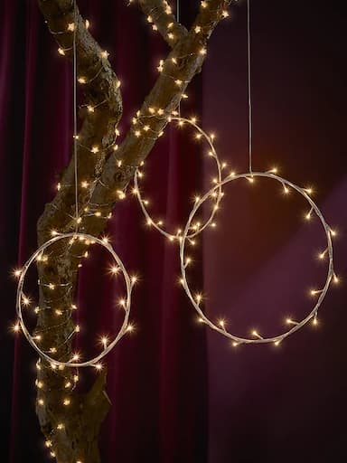 Ring-shaped lamps and fairy lights wrapped around a tree branch against a dark red backdrop.