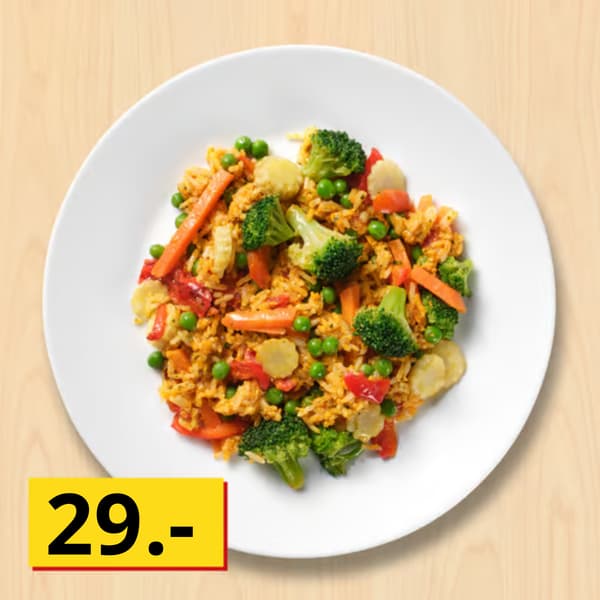 Risret med grøntsager 
Ris med broccoli, gulerod, rød peber, babymajs og ærter

29.-